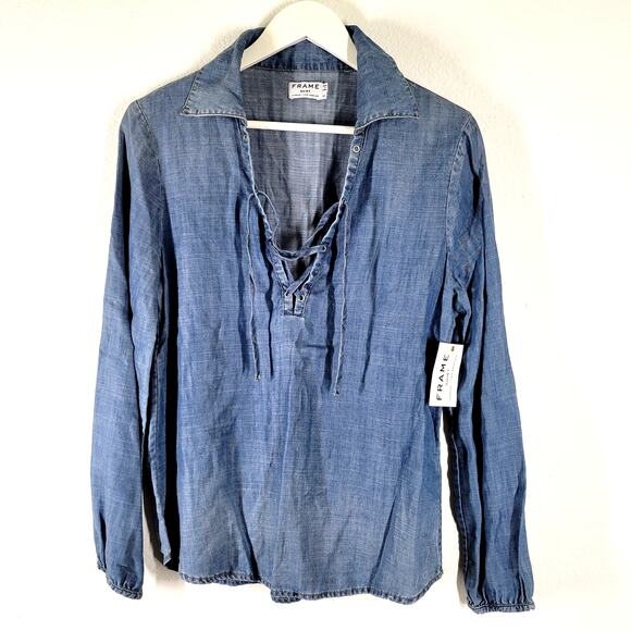 FRAME Tops - Frame Blue Chambray Denim lace up shirt womens Sz XS NWT Hadley